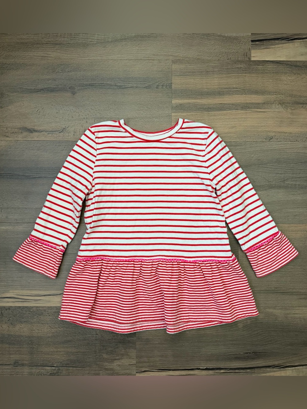 Mini Boden Girls' Cotton Long Sleeve Red Striped Pink Pompom Tunic Size 11-12